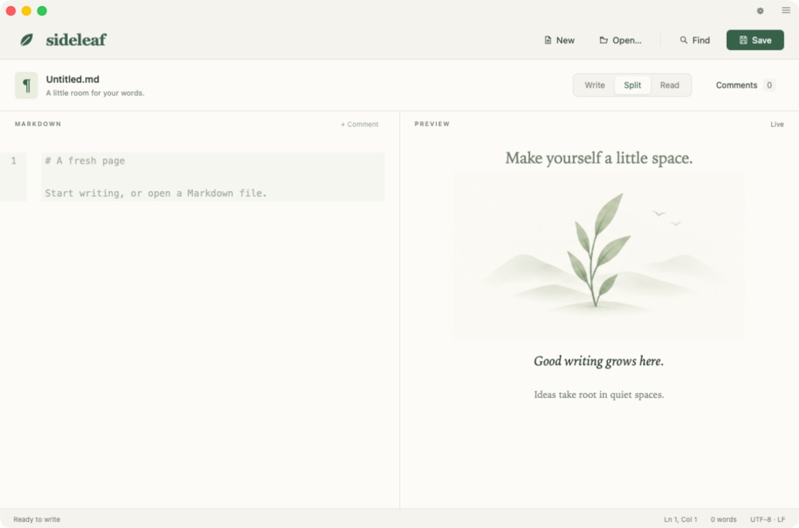 Sideleaf on macOS, with its Markdown editor and centered empty-document preview.